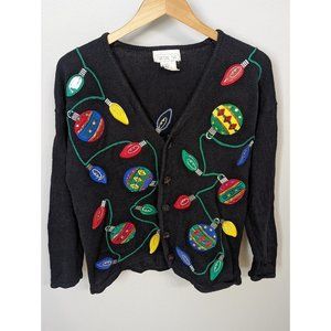Mandal Bay Ugly CHISTMAS CARDIGAN SWEATER Black Long Sleeve Button Up Women's L